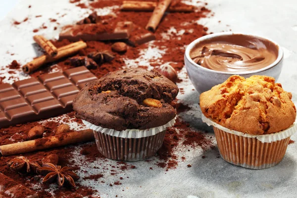 Muffin Chocolate Muffin Nozes Padaria Caseira Fundo Cinza — Fotografia de Stock