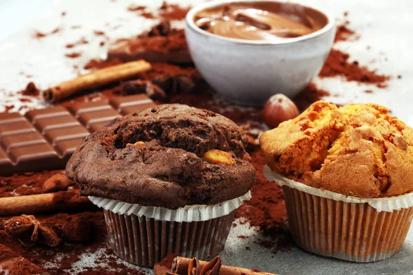 Muffin Chocolate Muffin Nozes Padaria Caseira Fundo Cinza — Fotografia de Stock