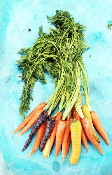 Karottenstapel Kiste Mit Gemischt Frisch Geernteten Bunten Karotten — Stockfoto