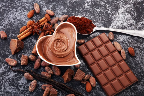 Chocolate Bars Table Chocolate Powder Chocolate Swirl Nuts — Stock Photo, Image