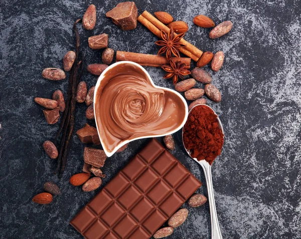 Chocolate Bars Table Chocolate Powder Chocolate Swirl Nuts — Stock Photo, Image