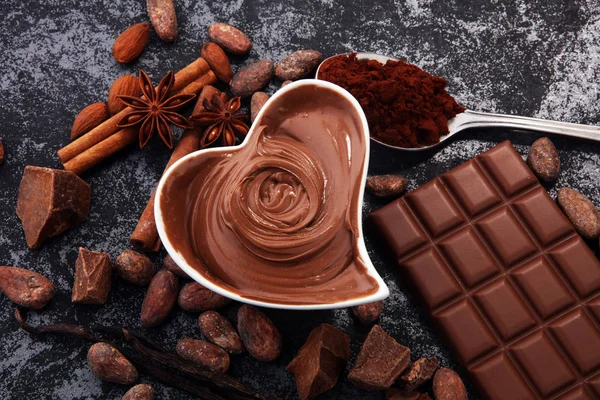 Chocolate Bars Table Chocolate Powder Chocolate Swirl Nuts — Stock Photo, Image