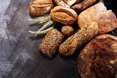 Ekmek ve ekmek çeşitleri gemide yukarıdan alır. Mutfak veya fırın poster tasarımı.