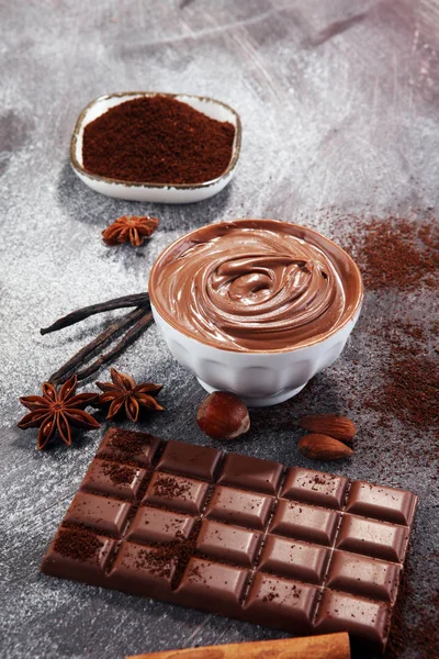 Chocolate Bars Table Chocolate Powder Chocolate Nuts — Stock Photo, Image