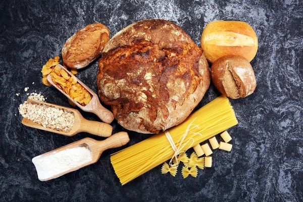 Whole Grain Products Complex Carbohydrates Rustic Background — Stock Photo, Image