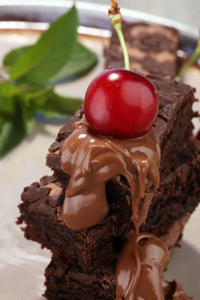 Homemade Chocolate Brownies Cherries Rustic Table Brownie Bakery — Stock Photo, Image