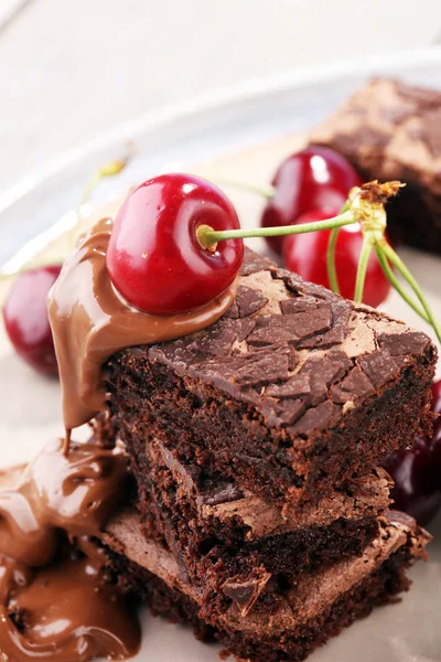 Homemade Chocolate Brownies Cherries Rustic Table Brownie Bakery — Stock Photo, Image