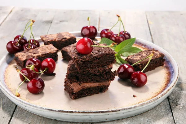 Homemade Chocolate Brownies Cherries Rustic Table Brownie Bakery — Stock Photo, Image