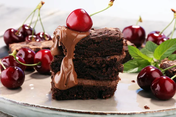 Homemade Chocolate Brownies Cherries Rustic Table Brownie Bakery — Stock Photo, Image