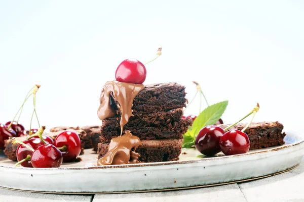 Homemade Chocolate Brownies Cherries Rustic Table Brownie Bakery — Stock Photo, Image