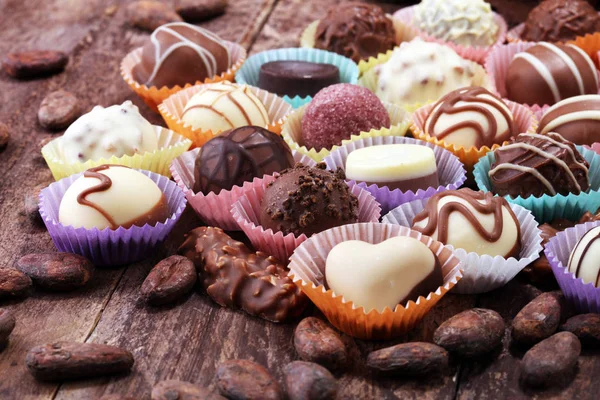 a lot of variety chocolate pralines, belgian confectionery gourmet chocolate