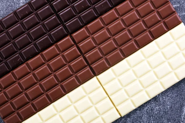 Čokoláda Různých Barvách Mléko Tmavé Bílé Čokolády — Stock fotografie