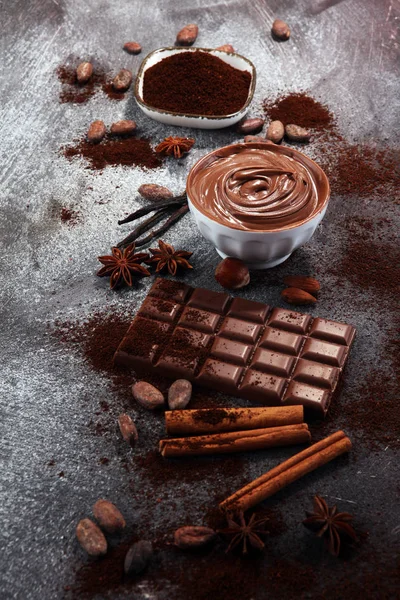 Chocolate Bars Table Chocolate Powder Chocolate Nuts — Stock Photo, Image