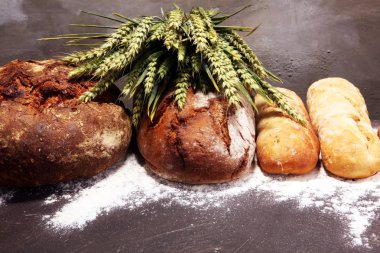 Ekmek ve ekmek çeşitleri gemide yukarıdan alır. Mutfak veya fırın poster tasarımı.