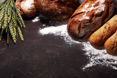 Ekmek ve ekmek çeşitleri gemide yukarıdan alır. Mutfak veya fırın poster tasarımı.