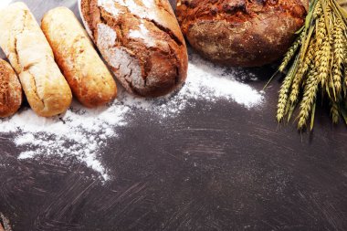 Ekmek ve ekmek çeşitleri gemide yukarıdan alır. Mutfak veya fırın poster tasarımı.