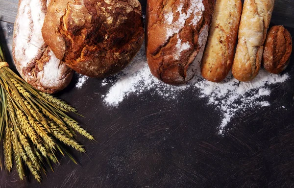 Ekmek ve ekmek çeşitleri gemide yukarıdan alır. Mutfak veya fırın poster tasarımı.