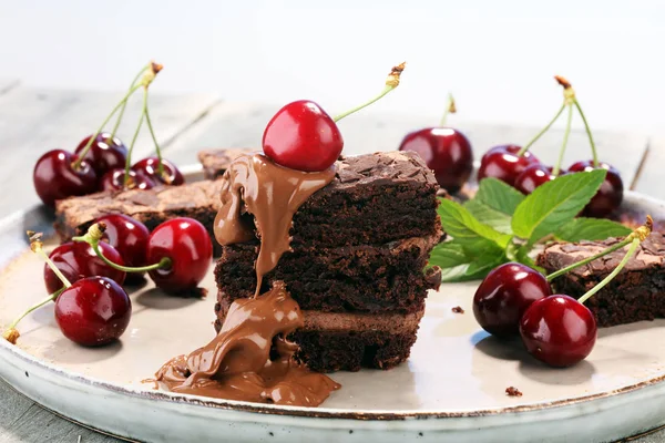 Homemade Chocolate Brownies Cherries Rustic Table Brownie Bakery — Stock Photo, Image