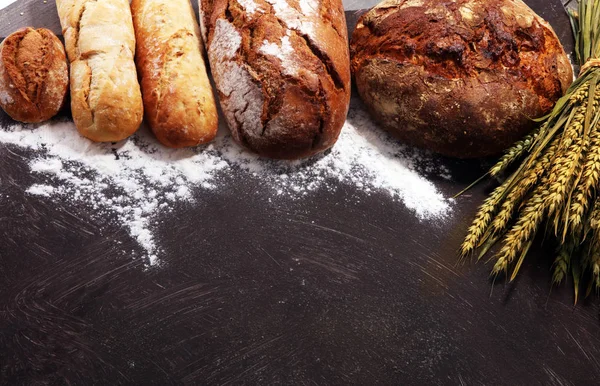 Ekmek ve ekmek çeşitleri gemide yukarıdan alır. Mutfak veya fırın poster tasarımı.