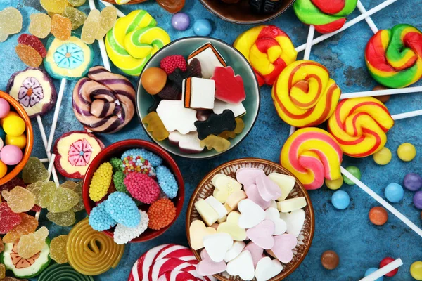 Bonbons Mit Gelee Und Zucker Bunte Palette Verschiedenen Süßigkeiten Und — Stockfoto