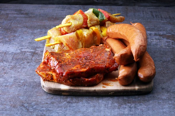 Seleção Carne Marinada Para Churrasco Grelhar Mesa — Fotografia de Stock
