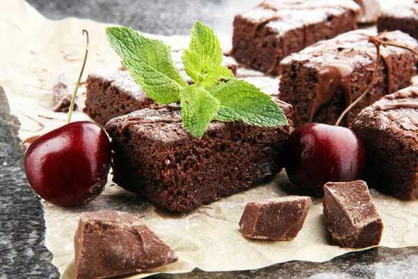 Homemade Chocolate Brownies Grey Background Chocolate Cake Concept — Stock Photo, Image