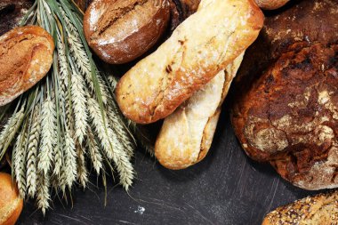 Ekmek ve ekmek çeşitleri gemide yukarıdan alır. Mutfak veya fırın poster tasarımı.