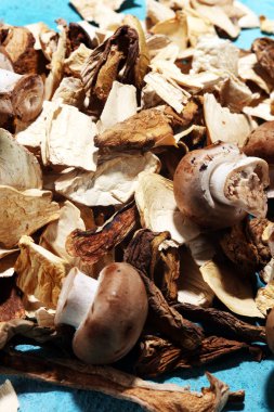 mavi arka plan üzerinde Kurutulmuş mantar. Vejetaryen Sağlıklı madde