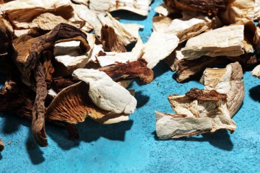 mavi arka plan üzerinde Kurutulmuş mantar. Vejetaryen Sağlıklı madde