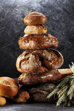 Ekmek ve ekmek çeşitleri gemide yukarıdan alır. Mutfak veya fırın poster tasarımı.