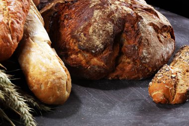 Ekmek ve ekmek çeşitleri gemide yukarıdan alır. Mutfak veya fırın poster tasarımı.