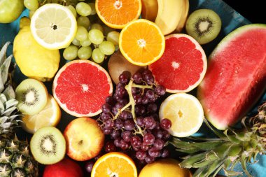 Taze organik meyve arka plan. Sağlıklı beslenme kavramı. Düz yatıyordu.