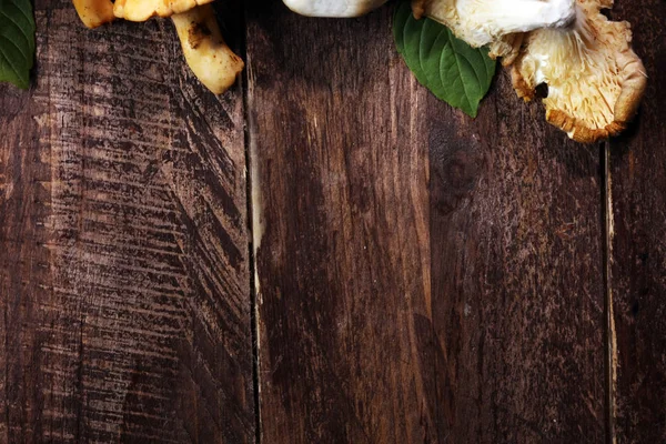 蘑菇鸡油菌在桌子上 生野蘑菇 Chanterelles 与野蘑菇组成 — 图库照片