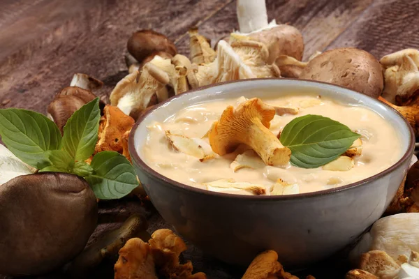 Mushroom soup and variety of raw mushrooms on wooden table. oyster and other fresh mushrooms — Stock Image Mushroom Soup Variety Raw Mushrooms Wooden Table Oyster Other Fresh Stock Picture