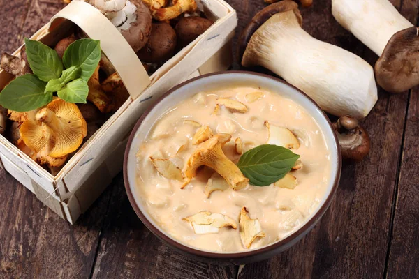Mushroom soup and variety of raw mushrooms on wooden table. oyster and other fresh mushrooms — Stock Image Mushroom Soup Variety Raw Mushrooms Wooden Table Oyster Other Fresh Stock Image