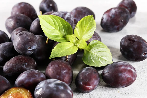 Erik beyaz taş zemin üzerine. Mavi erik meyve yarısı. Yaprakları ile birçok güzel Erik