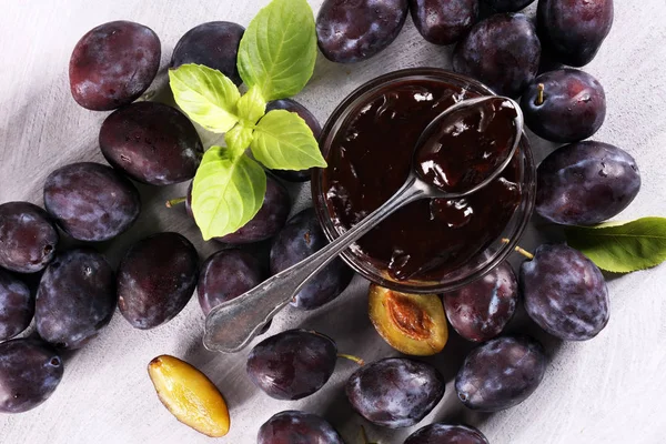 Sweet Homemade Plum Jam Fruits Stone Table — Stock Photo, Image