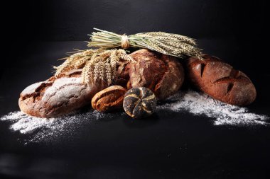 Ekmek ve ekmek çeşitleri gemide yukarıdan alır. Mutfak veya fırın poster tasarımı.