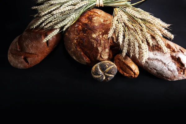 Ekmek ve ekmek çeşitleri gemide yukarıdan alır. Mutfak veya fırın poster tasarımı.