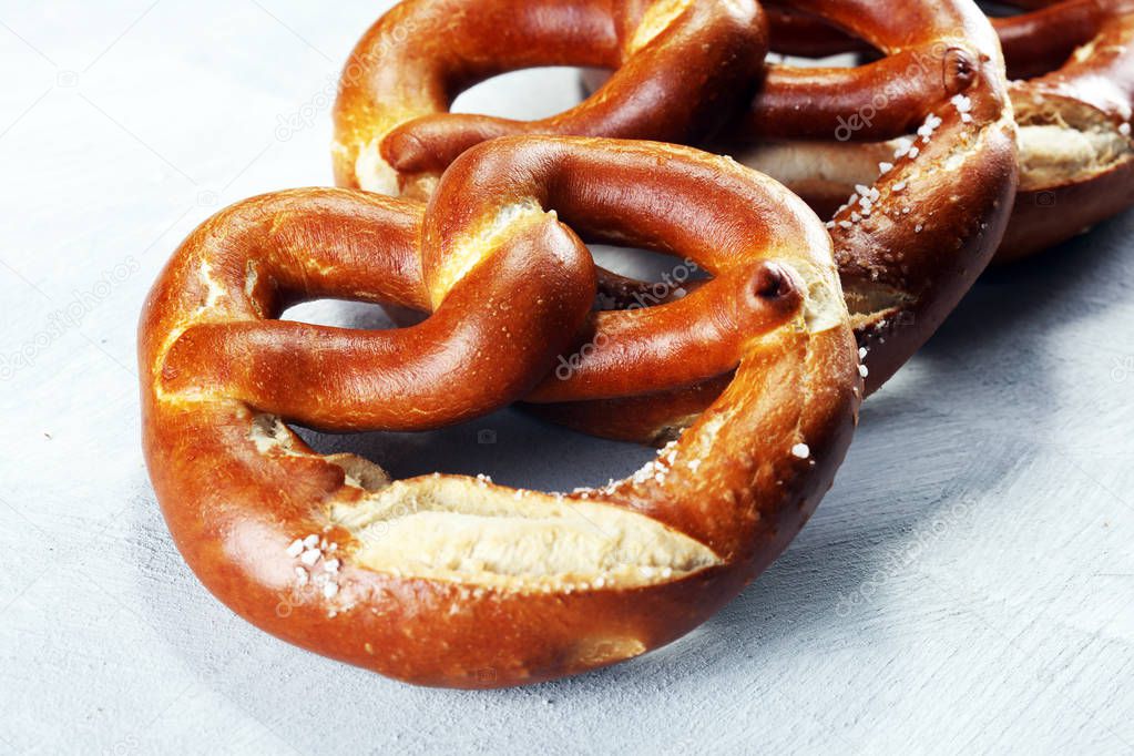 German pretzels with salt close-up on the table.