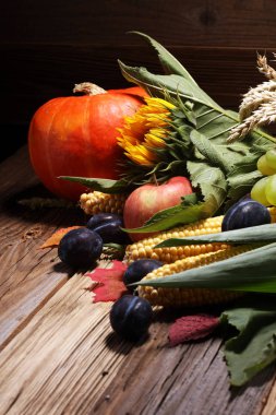 sonbahar doğa kavramı. Ahşap üzerine meyve ve sebze düşer. şükran yemeği