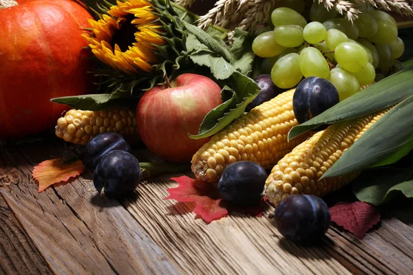 Herfst Aard Concept Vallen Groenten Fruit Hout Thanksgiving Diner — Stockfoto