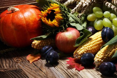 sonbahar doğa kavramı. Ahşap üzerine meyve ve sebze düşer. şükran yemeği