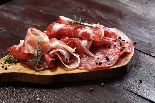 Food Tray Delicious Salami Coppa Fresh Sausages Herbs Meat Platter — Stock Photo, Image