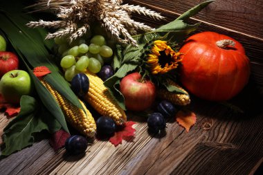 sonbahar doğa kavramı. Ahşap üzerine meyve ve sebze düşer. şükran yemeği