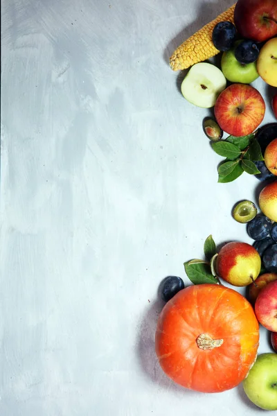 Çeşitli taze meyve. Şükran kabak, elma ve rustik arka plan üzerinde Mısır