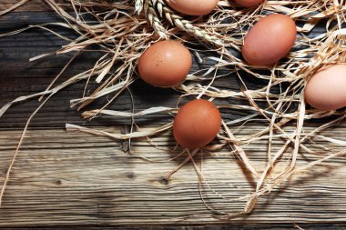 Yumurta. Ahşap rustik arka plan üzerinde taze çiftlik yumurtaları.
