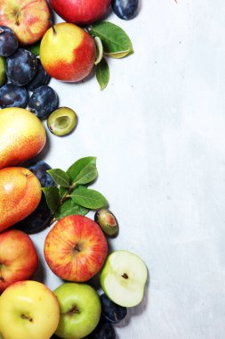 Çeşitli taze meyve. Şükran günü elma ve armut rustik arka plan üzerinde