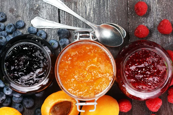 Assortment Jams Seasonal Berries Apricot Mint Fruits Marmalade Confiture — Stock Photo, Image