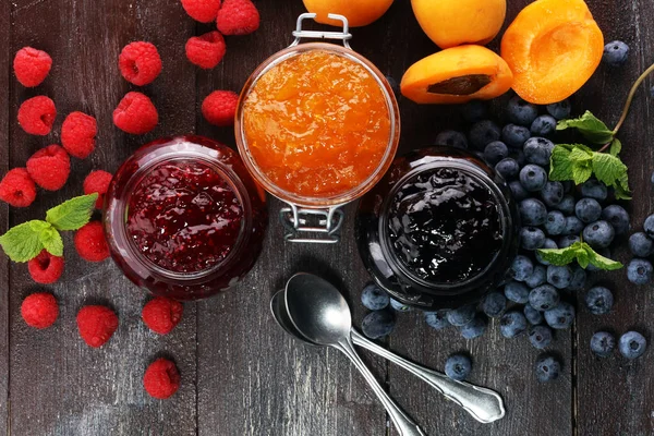 Assortment Jams Seasonal Berries Apricot Mint Fruits Marmalade Confiture — Stock Photo, Image